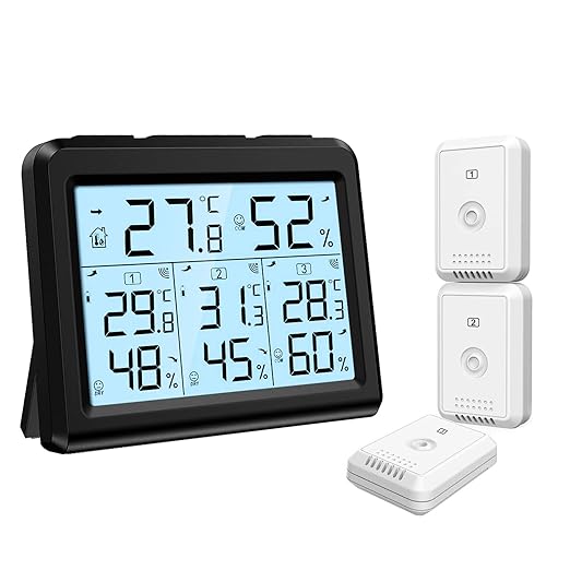 KeeKit Indoor Outdoor Thermometer, Temperature Humidity Monitor with 3 Wireless Sensors, Hygrometer Meter Gauge with LCD Backlight, Min/Max Record for Home, Office, Restaurants, Bars – Black by KeeKit