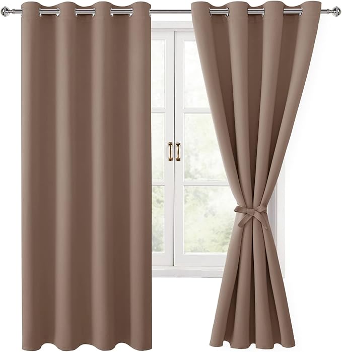 Hiasan Blackout Curtains for Bedroom, 52 x 63 Inches Length - Thermal Insulated & Light Blocking Window Curtains for Living Room, 2 Drape Panels Sewn with Tiebacks, Cappuccino by Hiasan