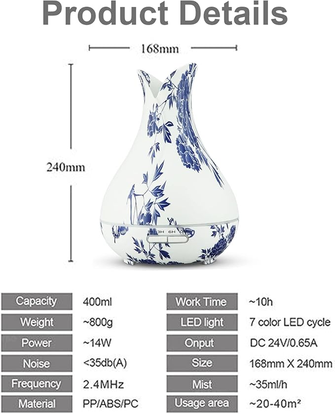 Oriental Blue-and-White Floral Pattern Grain Aroma Diffuser (400 ml) Ultrasonic Cool Mist Humidifier, U-MATE, Essential Oils Aromatherapy, 7 Colors LED Light, for Office Home Study Yoga Spa - Image 8