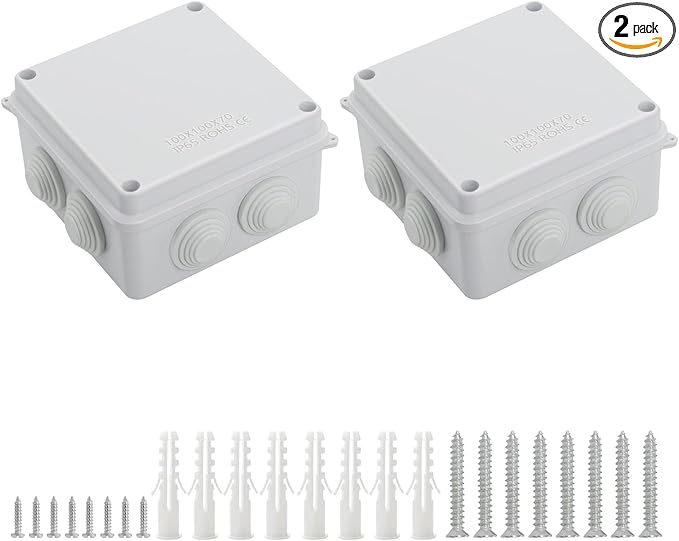 LeMotech ABS Plastic Dustproof Waterproof IP65 Junction Box Universal Electrical Project Enclosure White 3.9 x 3.9 x 2.8 inch (100 x 100 x 70 mm)(Pack of 2) by LeMotech