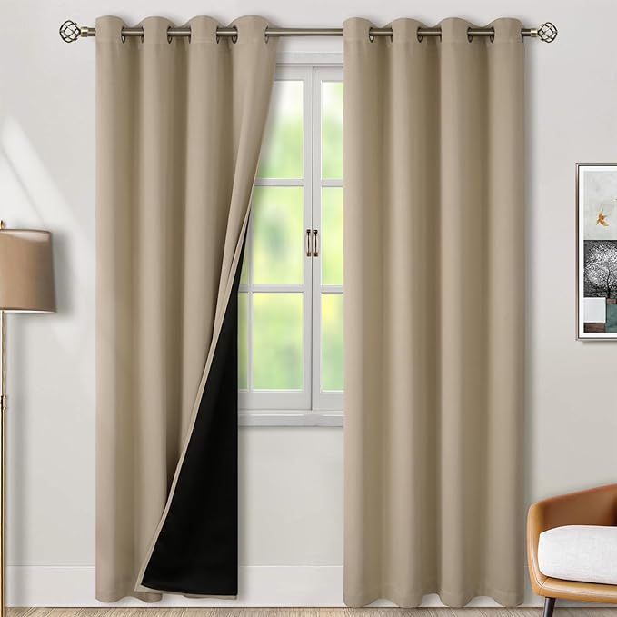 BGment Thermal Insulated 100% Blackout Curtains for Bedroom with Black Liner, Double Layer Full Room Darkening Noise Reducing Grommet Curtain (52 x 84 Inch, Sand, 2 Panels) by BGment