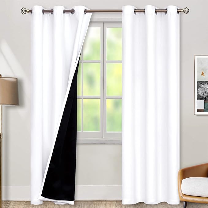 BGment Thermal Insulated 100% Blackout Curtains for Bedroom with Black Liner, Double Layer Full Room Darkening Noise Reducing Grommet Curtain (38 x 84 Inch, Pure White, 2 Panels) by BGment