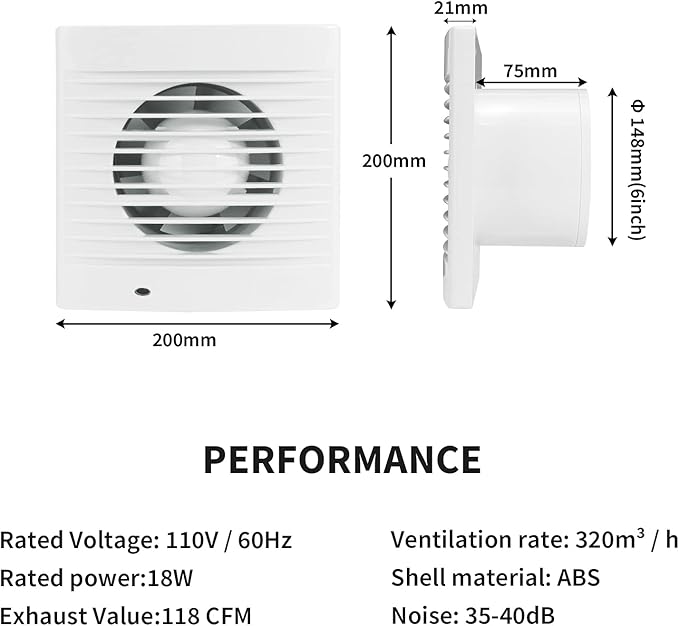 HUGOOME Exhaust Fan 188 CFM, 18W 320m³/h Ventilation Extractor with Anti-backflow Check Valve Chain Switch, Window and Wall Mount Vent Fans for Kitchen Bathroom Greenhouse Garage (6 inch / 110V) - Image 5