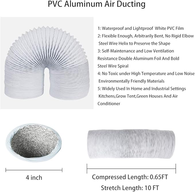 4Inch 10FT Long Flexible Aluminum Air Ducting, Heavy-Duty White 4 Layer Dryer Vent Hose, Dryer Duct for HVAC Ventilation,duct fan systems, 2 Stainless Steel Clamps Include - Image 2