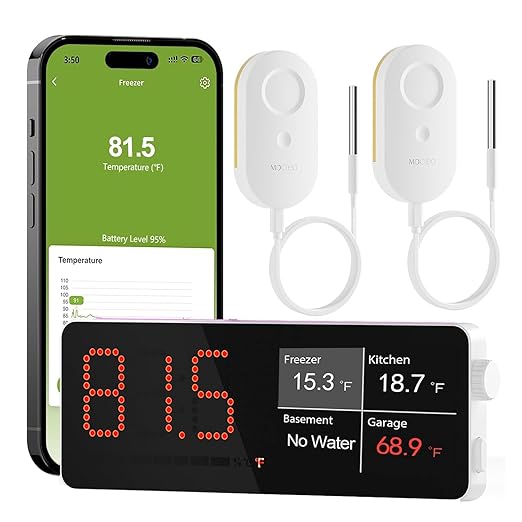 MOCREO WiFi Freezer Thermometer Alarm with Digital Monitor Hub, App and Email Alerts, 2-Year Data Export, No Subscription Fee, 2 Remote Temperature Sensors for Home Refrigerator, Fridge, Freezer by MOCREO