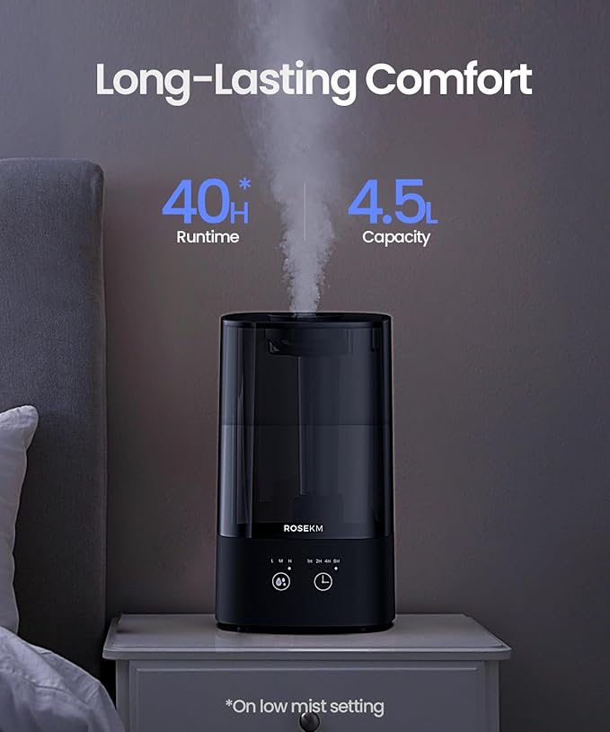 4.5L Humidifiers for Bedroom, Humidifiers for Home Large Room, Cool Mist Humidfiers for Baby and Plant with Timer, Adjustable Mist Level, 360° Nozzle, Auto Shut-Off, Black - Image 2