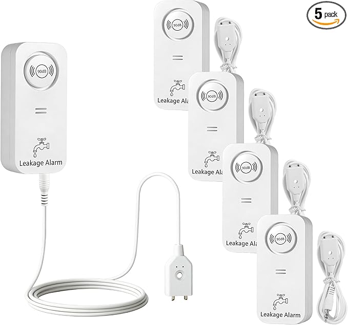 Water Leak Detector 5 Pack, 90dB Water Sensor Alarm for Home, Kitchen, Basement, Pipe and Faucet Leak Detection, Water Alarm with Extension Cable Sensor Probes(Cannot Connect to Wi-Fi Directly) by KERUI