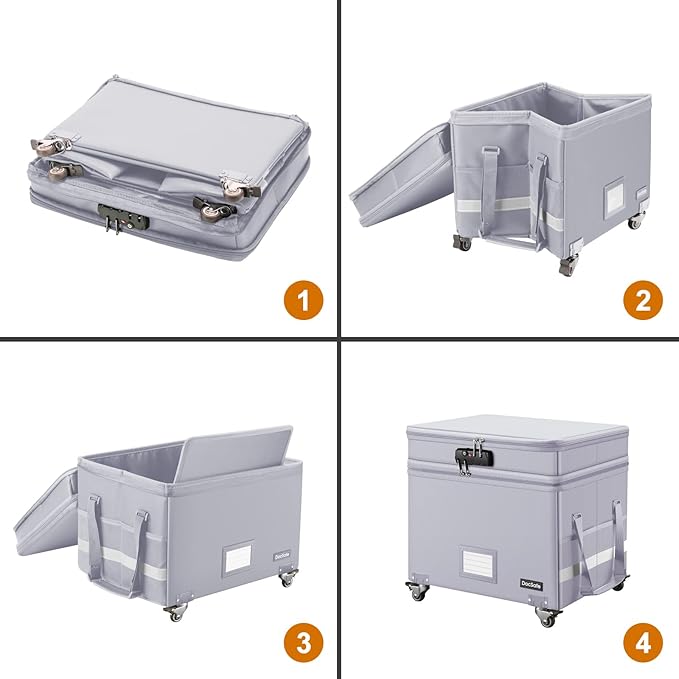 DocSafe Fireproof Document Box with Lock,2-Layer File Box with Wheels,Collapsible File Storage Organizer with Pockets,Large Portable Home Office Filing Cabinet Safe for Hanging Folders,Silver - Image 9