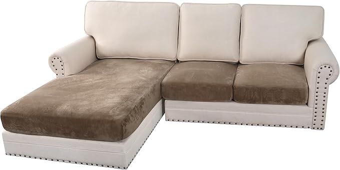 H.VERSAILTEX Velvet Stretch Sectional Couch Covers 3 Pieces Sofa Seat Cushion Covers L Shape Separate Couch Cover for Both Left/Right Sectional Couch (Large Sofa 2 Seater + 1 Chaise, Mocha) by HVERSAILTEX
