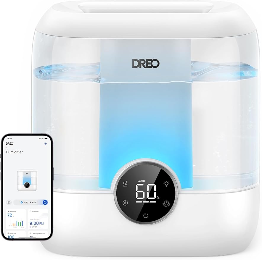 DREO Smart Humidifiers for Bedroom, 6L Top Fill Supersized Cool Mist Humidifier for Large Room, 60 Hour Runtime, Quiet Ultrasonic Humidifiers for Plants, Baby, Indoor, Home, Night Light, White by DREO