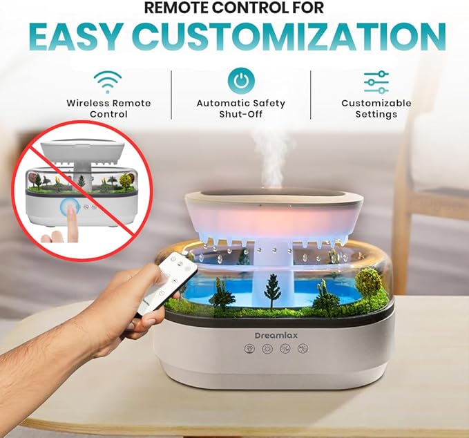 Dreamlax Rain Humidifiers for Bedroom – Cool Mist Essential Oil Diffuser, White Noise Machine with 10 Nature Sounds, 7 LED Lights, Remote Control & Decorative Raindrop Lamp - Image 4