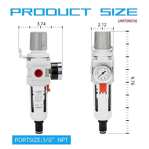 NANPU 3/8" NPT Compressed Air Filter Regulator Combo Piggyback, Auto Drain, 5 Micron Brass Element, Poly Bowl, Metal Bracket, 0-150 psi Gauge - Image 3