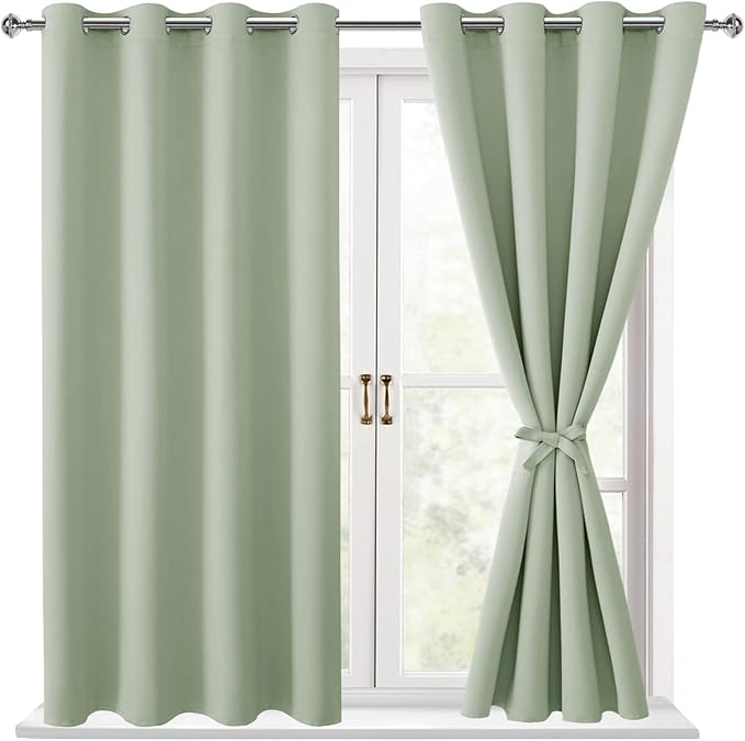 Hiasan Blackout Curtains for Bedroom - Thermal Insulated & Light Blocking Window Curtains for Living Room/Kids Room, 2 Drape Panels Sewn with Tiebacks, Seafoam Green, 52 x 45 Inch - Image 7