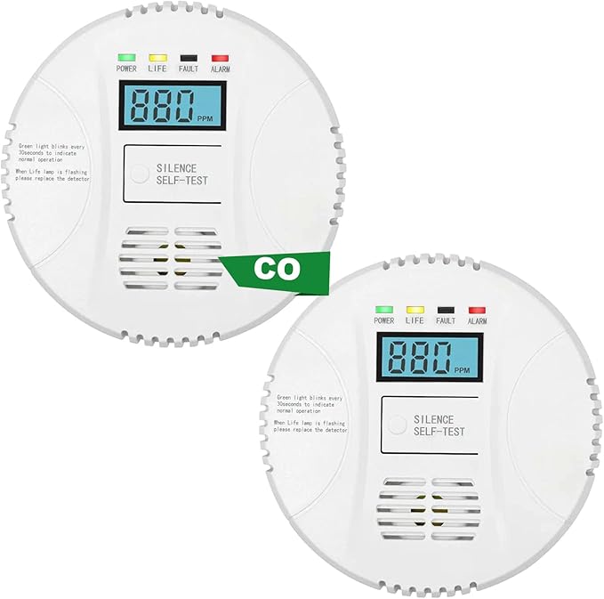 Carbon monoxide detector powered by AA battery (not included), Vzmcov CO monitoring alarm with LCD display screen, used for home basement kitchen, hotel garage, bedroom, living room voice alarm 2 Pack by Vzmcov