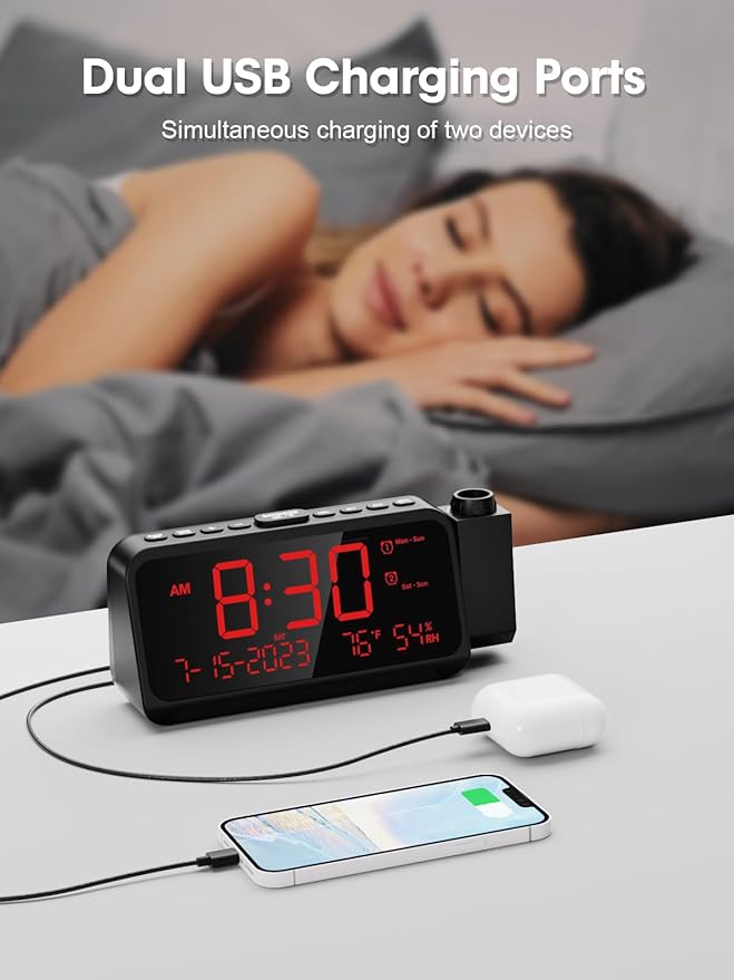 ROCAM Projection Clock for Bedroom, Digital Clock with 180° Projector on Ceiling with 5-Level Dimmer, Dual Loud Alarm Clock with Weekend/Weekday Mode, Date, Temp, Humidity, Night Light, Snooze - Image 7
