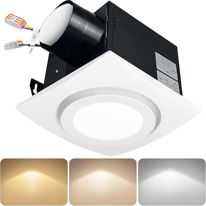 Bathroom Exhaust Fan with Light 88CFM 1.0 Sone, Quiet 28W Bath Shower Fan 3CCT Color LED Light Adjustable 8 x 8 inch Extractor Vent for Bathroom White by DCFAIRFAN