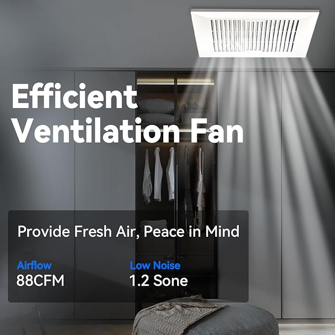 Bathroom Exhaust and Ventilation Fan 88CFM, Ultra-quiet Bath Fan Ceiling Mount Exhaust Fan 1.2Sones Household Bathroom Vent Exhaust Fan - Image 6