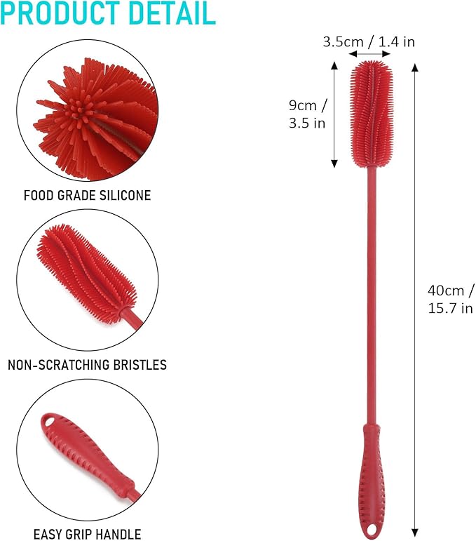 15.7" Silicone Bottle Brush, ddLUCK Water Bottle Cleaner Brush for Stanley, Hydroflasks, Glass, Thermos Sports Bottle, Vase and Glassware, Bottle Brush Cleaner for Small Narrow Neck Containers (Red) - Image 3