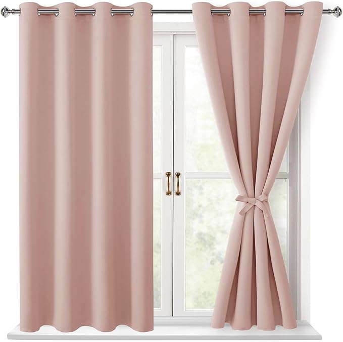 Hiasan Blackout Curtains for Bedroom, 52 x 54 Inches Long - Thermal Insulated Light Blocking Window Curtains for Living Room, 2 Drape Panels Sewn with Tiebacks, Blush by Hiasan