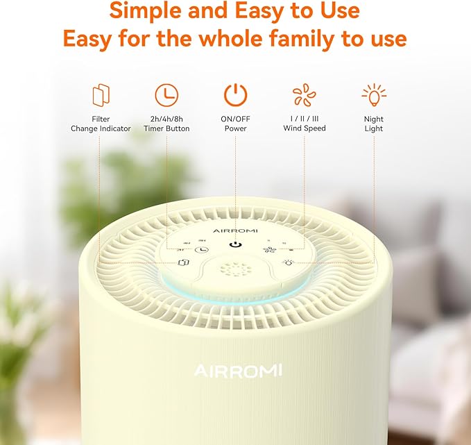 AIRROMI Air Purifier for Bedroom with HEPA Fet Filters, Pet Air Purifiers for Home Cat Pee Smell, Covers Up to 990Ft², Quiet 360° intake Air Cleaner for Allergies Dust Smoke Odor A2001 Yellow - Image 3