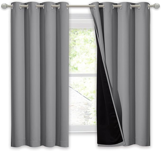 NICETOWN 100% Blackout Curtain with Black Liner, Thermal Insulated Full Blackout 2-Layer Lined Drape, Energy Efficiency Window Drapery for Bedroom (Silver Grey, 1 Panel, 52-inch W by 63-inch L) - Image 2
