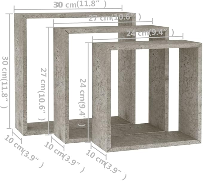 vidaXL Set of 3 Modern Wall Cube Shelves in Concrete Gray Floating Storage Solutions for Living Room Study and Office Shelf Corner Decorative Modular Shelving Organizer Indoor - Image 10