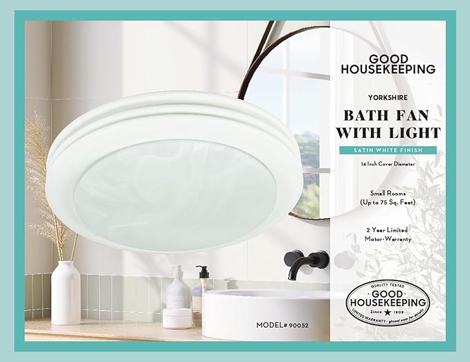 Good Housekeeping (90052 Yorkshire 80 CFM 2.5 Sones Decorative Bathroom Ventilation Exhaust Fan with Light in Satin White - Image 2
