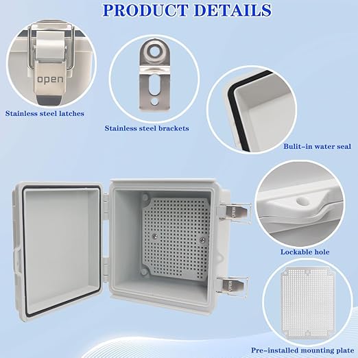 Waterproof Electrical Box, IP67 Junction Box Stainless Steel Latch Hinged Grey Cover Project Enclosure with Wall Bracket 5.9"x5.9"x3.5" - Image 3