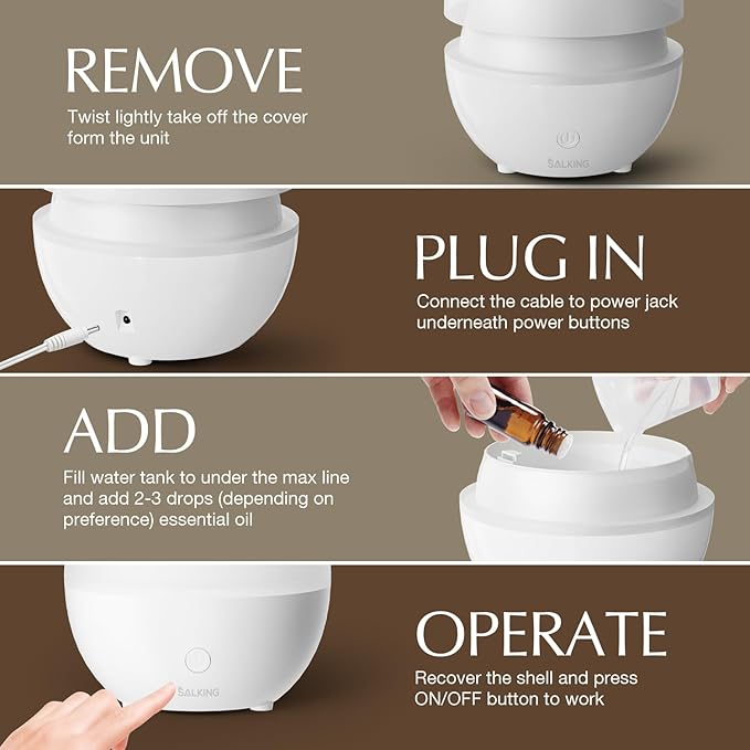 SALKING Essential Oil Diffuser, 100ml Small Aromatherapy Diffuser for Essential Oils, Auto Shut-Off Ultrasonic Diffusers, Cool Mist Humidifier with Warm White Lights, for Office Home (White) - Image 7