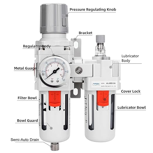 NANPU 1/2" NPT Compressed Air Filter Regulator Lubricator Combo Water/Oil Trap Separator - Gauge(0-150 psi), Poly Bowl, Semi-Auto Drain, Bracket - Image 2
