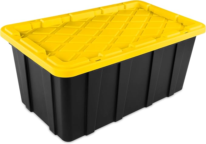 Sterilite 38 Gal Industrial Tote, Stackable Storage Bin with Snap-Fit Lid for Garage, Basement & Attic Storage, Black Base and Yellow Lily Lid, 4-Pack - Image 2