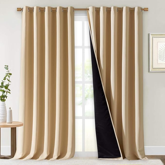 NICETOWN Thermal Insulated 100% Blackout Curtains, Cold Noise Reducing Performance Drapes with Black Lining, Full Light Blocking Panels for Patio (Biscotti Beige, 1 Pair, 70 inches x 95 inches) by NICETOWN