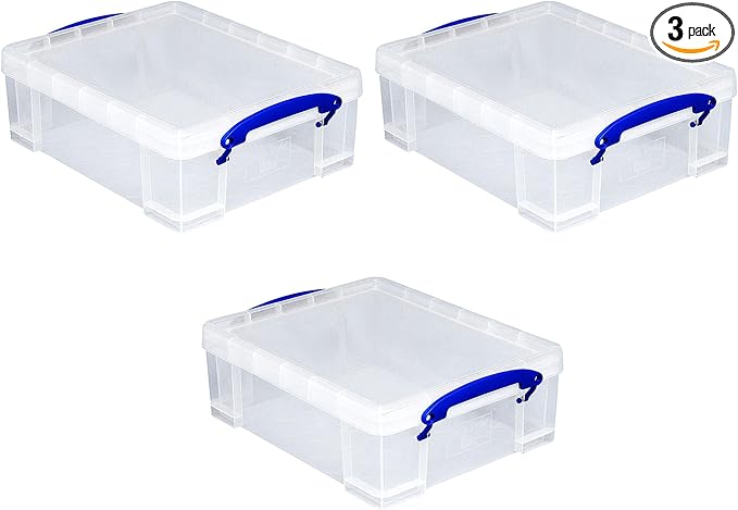 Really Useful Box Stackable 8.1 Liter Plastic Storage Container Bin with Snap Lid & Built-in Clip Lock Handles for Home & Office Organization (3 Pack) by ReallyUsefulBox