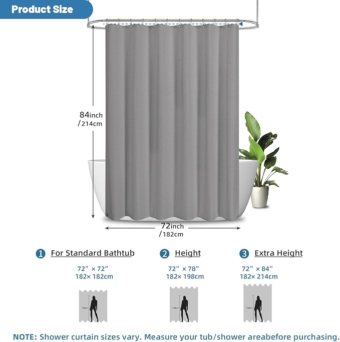 2-in-1 Waterproof Fabric Shower Curtain - No Separate Liner Needed, Hotel-Style Waffle Weave, Effortless Cleaning & Washable Bathroom Shower Curtain Set,72Wx84H,Grey - Image 3