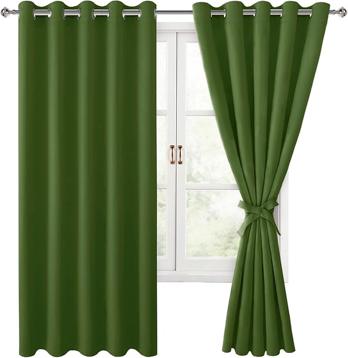 Hiasan Room Darkening Curtains for Bedroom, 60 x 72 Inches - Thermal Insulated & Energy Saving Window Drapes for Living Room/Dorm Room, Set of 2 Panels Sewn with Tiebacks, Olive Green - Image 7