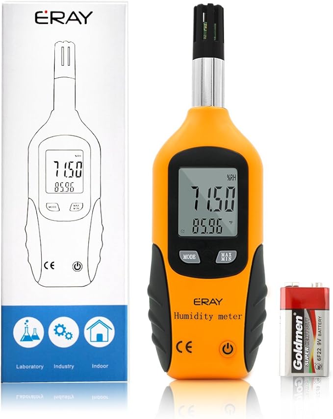 Digital Psychrometer Thermometer Hygrometer with Backlight, ERAY Temperature and Humidity Reader Meter Thermo-Hygrometer with Dew Point and Wet Bulb Temperature, 9V Battery Included(Yellow) by ERAY