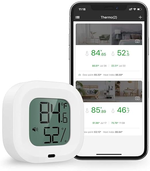 Wireless Thermometer Hygrometer for iPhone/Android, Smart Bluetooth Humidity Temperature Sensor with Alarm and Data Storage for Green House Guitar Camera Storage Humidor Incubator Monitor by 9H