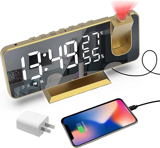 Projection Digital Alarm Clock for Bedrooms, Alarm Clock Radio on Ceiling, USB Charger Port, Temperature & Humidity Display, 7.3” Large Mirror LED Display,12/24H,Snooze,Dual Loud Clock- 4 Dimmer by Hanaix