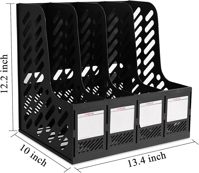 SAYEEC Magazine File Holder, Plastic Desktop File Folder Organizer with 4 Large Compartments, Vertical Desk Binder Organizer Office Organization and Storage File Holder for Desk, School, Home (Black) - Image 2