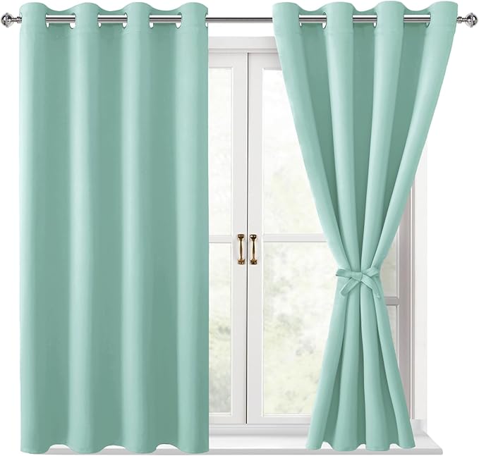 Hiasan Blackout Curtains for Bedroom - Thermal Insulated & Energy Saving Window Curtains for Living Room/Kids Room, 2 Drape Panels Sewn with Tiebacks, Aqua, 52 x 45 Inch by Hiasan