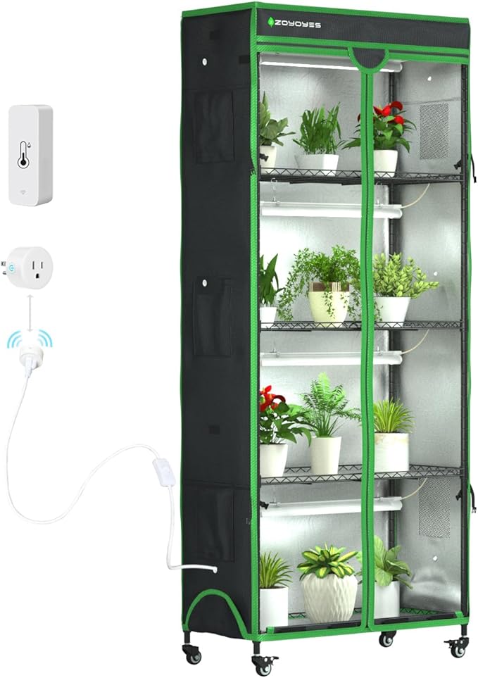 Indoor Greenhouse with Grow Light, 35.8" W x 17.8" D x 71.8" H, 5-Tier Plant Shelf with 3-Color T8 Growth Lights, Plant Stand with Smart Timing Plug and thermohygrometer by ZOYOYES