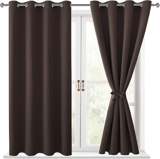 Hiasan Blackout Curtains for Bedroom - Thermal Insulated & Light Blocking Window Curtains for Living Room/Kids Room, 2 Drape Panels Sewn with Tiebacks, Brown, 52 x 45 Inch by Hiasan