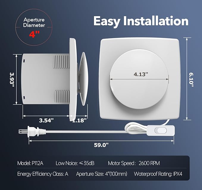 Bathroom Exhaust Fan with Switch, 2600RPM Upgraded Exhaust Fan 35dB Low Noise IPX4 Waterproof Household Ventilation Fans, Energy Saving Vent Fan for Attic Basement Garage Washroom - Image 5