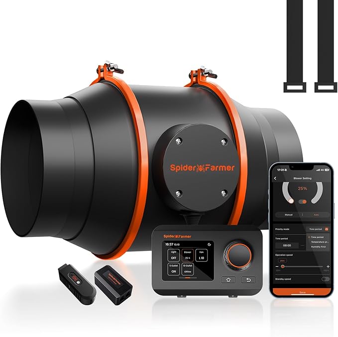 Spider Farmer 6 Inch Smart Inline Duct Fan with GGS Temperature Humidity Controller, Integrated App Control, 402 CFM Ventilation Exhaust Fan for Heating Cooling Booster, Grow Tents, Hydroponics by SpiderFarmer