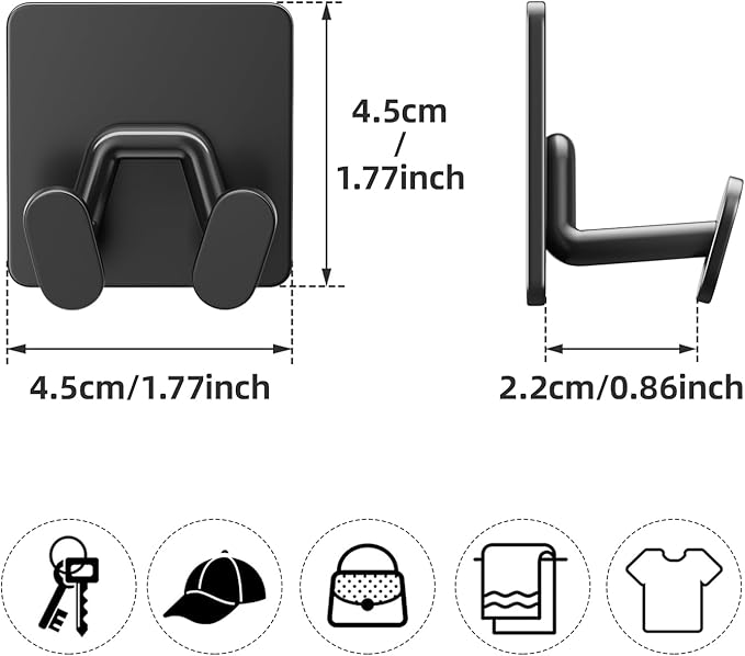 Adhesive Shower Hooks for Inside - Extra Sticky Stainless, Razor Holder Shower Accessories, Wall Mounted Self-Adhesive Double Hooks for Razor, Loofah, Towel, Shaver, Coat, Key, Matt Black, 6 Pack - Image 4