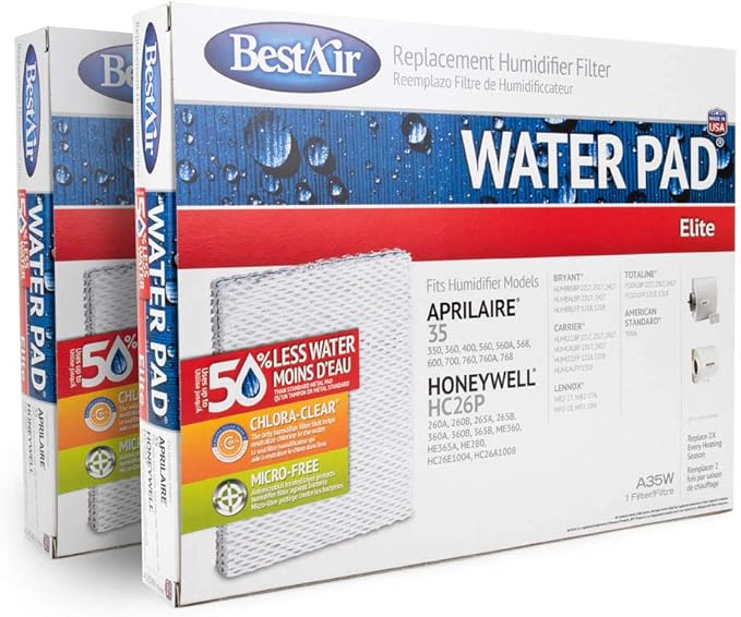 BestAir Replacement Humidifier Filter Water Pad Elite A35W Filter, 2 Pack. Fits Aprilaire 35 350, 360, 560, 560A, 568, 600, 700, 760, 760A, 768; Honeywell HC26P 260A, 260B, 265A, 265B, 360A, 360B, by FreudenbergFiltrationTechnologies