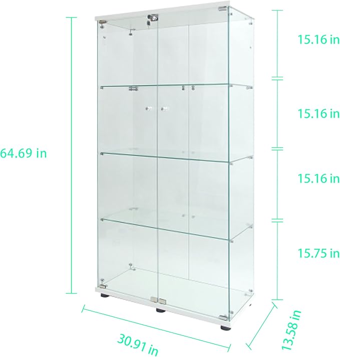 Yoluckea 4-Tier Glass Display Cabinet with Paipai Light, 2-Door Floor Standing Curio Cabinet with Adjustable Floor Feet for Home Office Corner Display, White Glass Bookshelf for Collections and Decor - Image 2