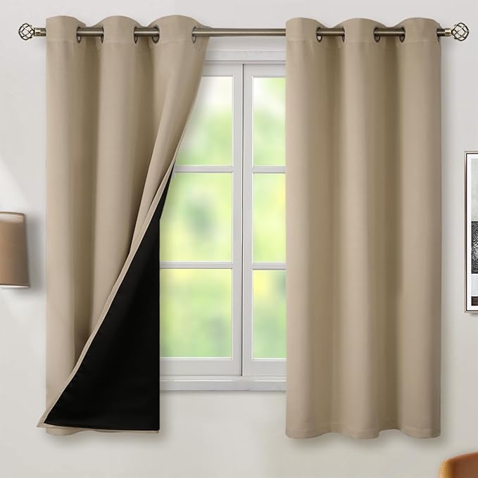 BGment Thermal Insulated 100% Blackout Curtains for Bedroom with Black Liner, Double Layer Full Room Darkening Noise Reducing Grommet Curtain (38 x 63 Inch, Sand, 2 Panels) by BGment