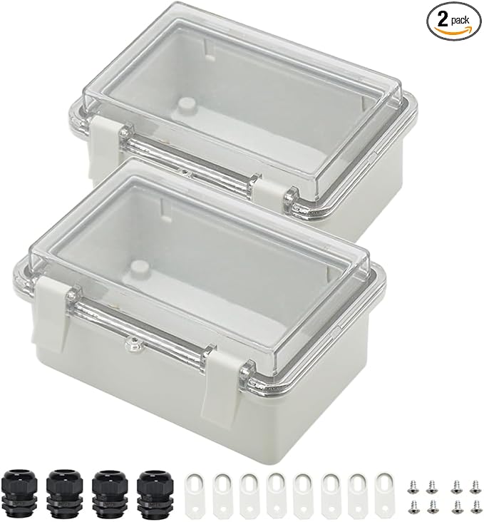 Zulkit 2pcs Junction Box ABS Plastic Dustproof Waterproof IP65 Electrical Boxes Hinged Shell Outdoor Universal Project Enclosure Clear Cover with 2 Cable Glands 5.9 x 3.9 x 2.8 inch (150x100x70 mm) by Zulkit