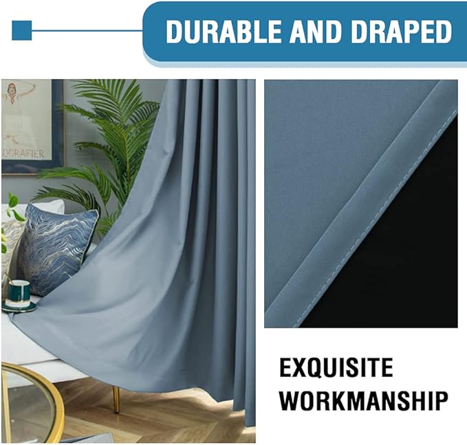 H.VERSAILTEX 100% Blackout Curtains for Bedroom Thermal Insulated Blackout Curtains for Living Room 63 Inches Long Rod Pocket Curtains with Black Liner 2 Panels Set, Stone Blue - Image 6